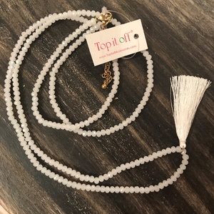 White Clear Crystal Beaded 34’’ Necklace w/ Tassel